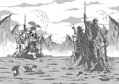 Cette image r&eacute;sume &agrave; elle seule la probl&eacute;matique de la BD, &agrave; droite la statue repr&eacute;sente les L&eacute;gendaires avant l'accident de Jovenia. A gauche on peut voir leur apparence apr&egrave;s &ecirc;tre redevenu des enfants.