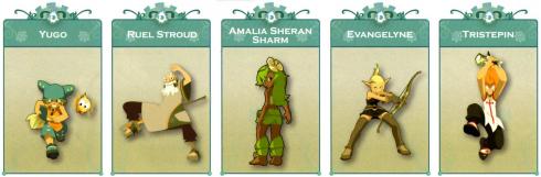 Les personnages principaux de Wakfu : Yugo, Ruel Stroud, Amalia, Evangelyne, Tristepin de Percedal