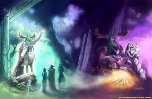 Fond d'écran montrant Tyrande, Malfurion et Illidan suivre les cours du demi dieu Cénarius.