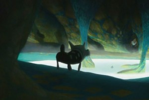 Noximilien découvre l'Eliacube flottant dans l'étang de la grotte
