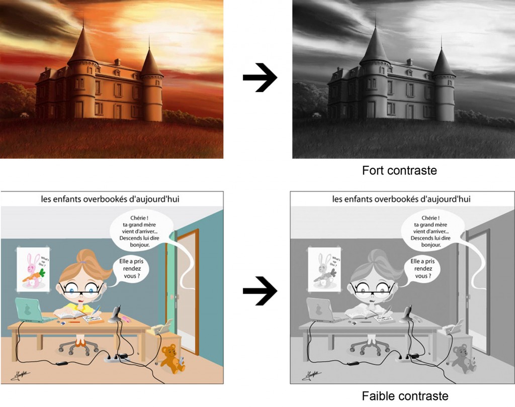 Passer une image de la couleur en niveau de gris permet de voir la valeur de gris de l'image et donc son contraste