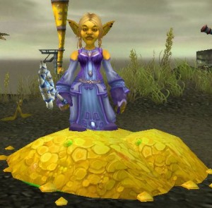 Exemple de femmes gobelin dans World of Warcraft. Vous avez bien vu : c'est bien une prêtresse de la Lumière qui aide le monde... en échange de Pièces d'Or. Inutile d'essayer de lui voler, son dieu la protège.