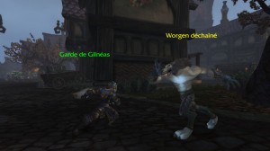 Combat entre un humain et un worgen réprouvé dans World of Warcraft.