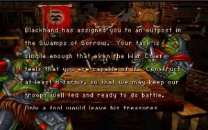 Le texte défile annonçant les objectifs de la mission. Attention, Warcraft 1 ne montre qu'une fois l'objectif et ne propose pas de rappel dans les missions.