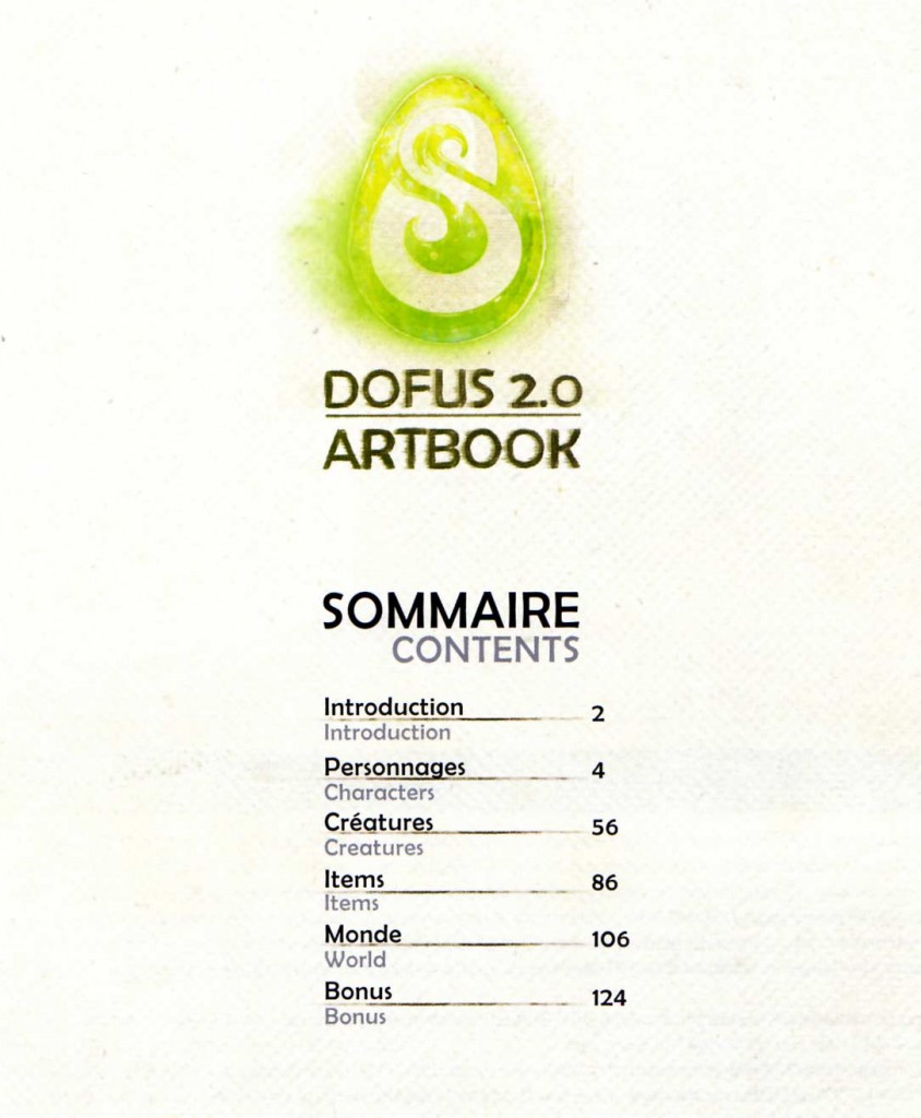 Sommaire de l'Artbook de Dofus 2.0