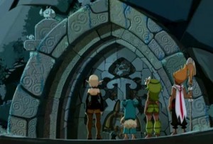 Kamasu-tar conduit le groupe à l'entrée du Donjon du Dragon Cochon (Wakfu ep 32)