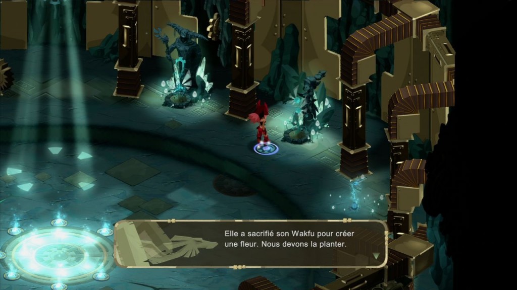 Nora plante la fleur de Mina devant sa statue (Islands of Wakfu)