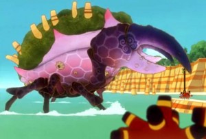 Ogrest vai derrotar o gigante Coralator (Wakfu)