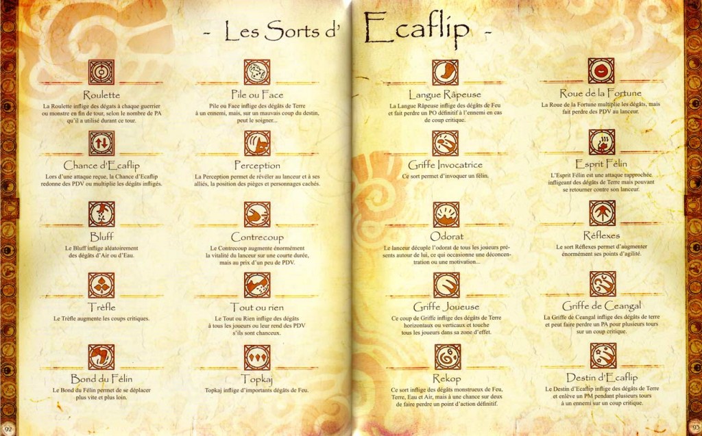 Présentation des sorts de la classe écaplip (Page 92 et 93 de l'Art Book Dofus Session 2)