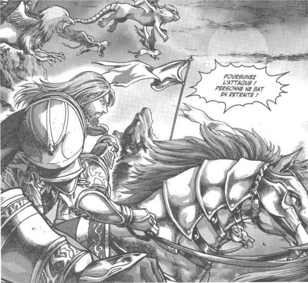 Manga World of Warcraft - Shadow Wing : le paladin Jorad Mace sur un cheval