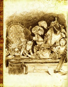 Un groupe d'aventuriers part pour les donjons (Page 22 du Dofus Art Book : Session 3)