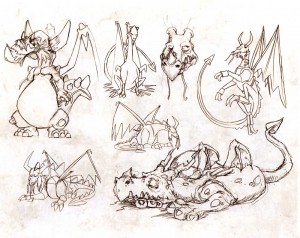 Croquis de recherche sur le dragon Grougaloragran (Art book Wakfu Tome 6)