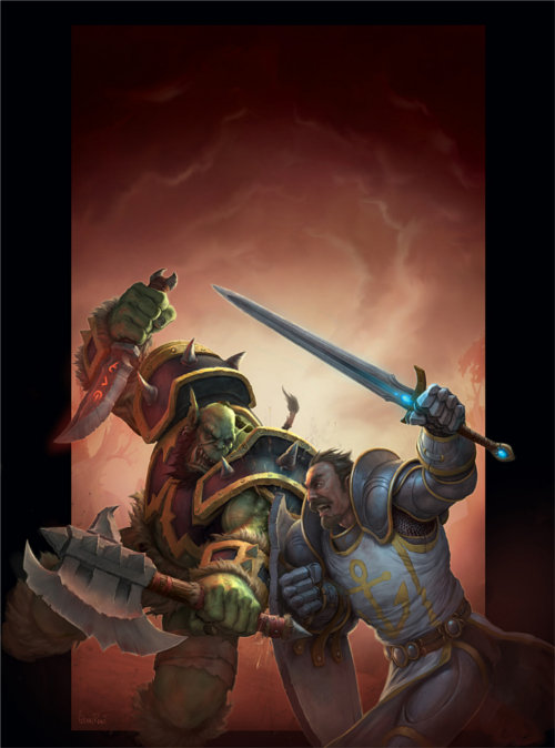 Orc combattant un humain sur un champ de bataille (Warcraft)