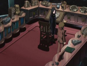 L'assistante du professeur Daiba montre à Tadashi le bureau de son père (Herlock, Endless odyssey)