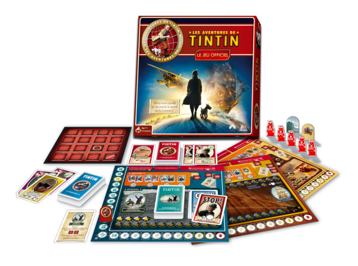 Contenu du jeu de société Les Aventures de Tintin avec les 3 plateaux et les cartes