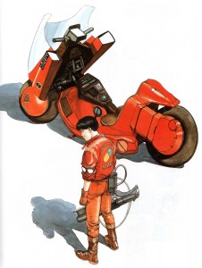 Kaneda devant sa moto (illustration de Katsuhiro Otomo pour la sortie de la VHS d'Akira)