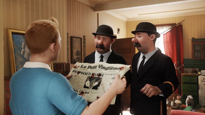 Tintin avec les Dupont / Dupond dans le secret de la Licorne en train de lire un journal