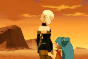 Yugo prend la main d'Evangelyne pour la remercier (Wakfu)