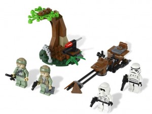 Bataille d'Endor (Lego Star Wars) opposant les forces rebelles et les force de l'empire avec la moto qui lévite