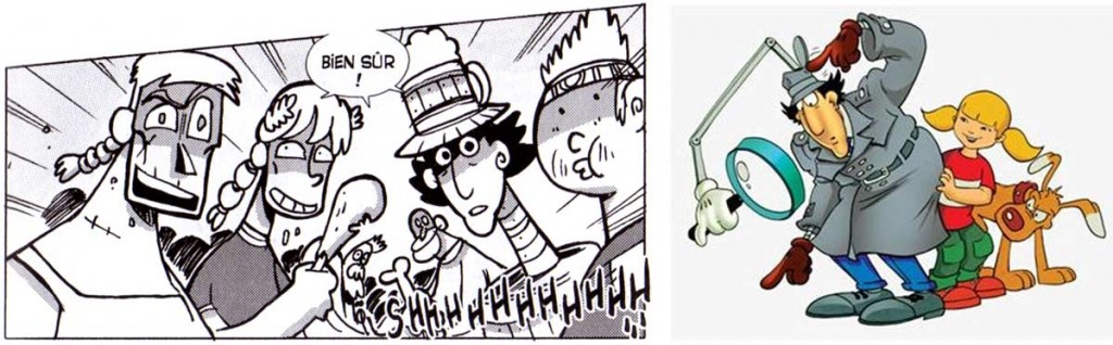 Le personnage de droite avec un cou télescopique est l'inspecteur Gadget 