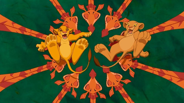 Simba et Nala portés par les girafes (Le Roi Lion)