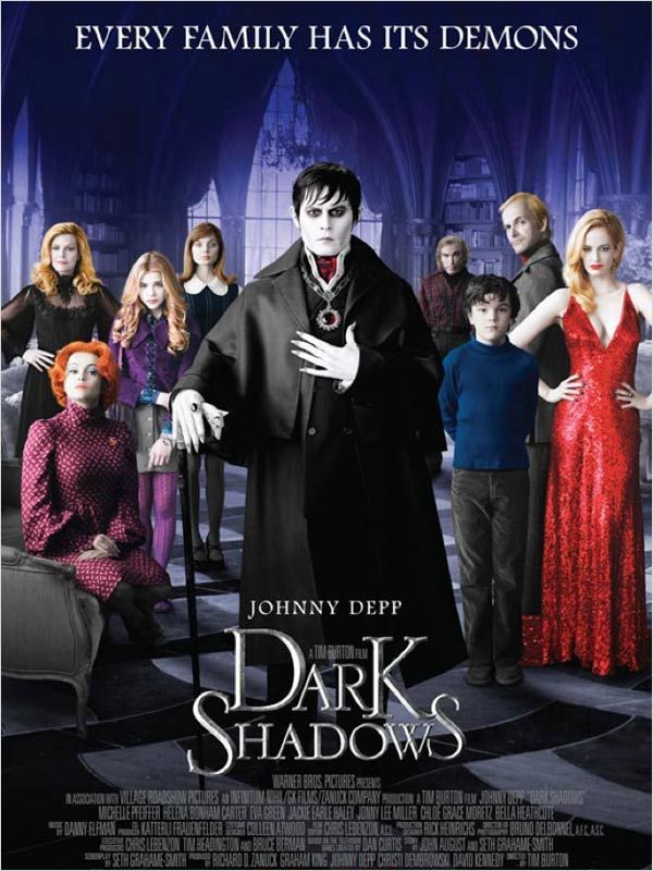 Affiche américaine du film Dark Shadows de Tim Burton (avec Johny Depp, Eva Green et Michelle Pfeiffer)