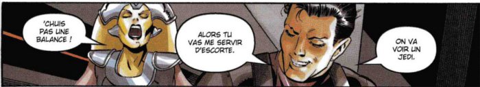 Theron Shan oblige la twi'lkey The'ffit à le suivre dans sa mission pour retrouver le maître jedi N'gani Zho