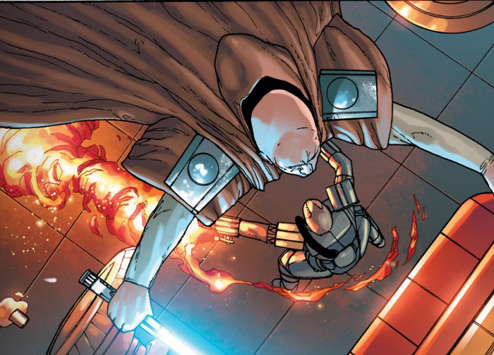 Orgrus Din se bat contre le chasseur de prime qui serait à l'origine des explosions sur Coruscant
