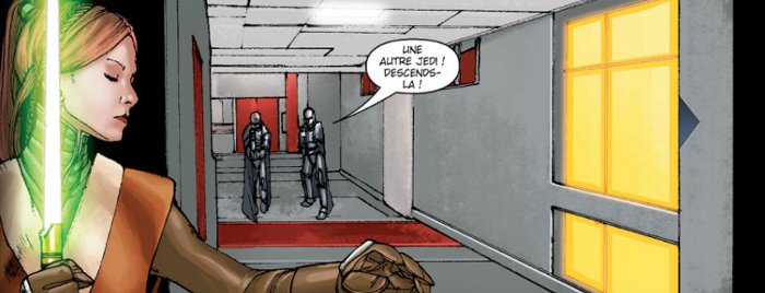 Satele Shan s'enfuie de son vaisseau attaqué par l'Empire