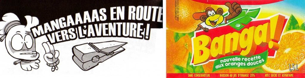 Le titre Mangaaaas en route vers l’aventure fait allusion au slogan de la pub pour la boisson Banga dans les années 80 "Baaaanga En route vers l’aventure"