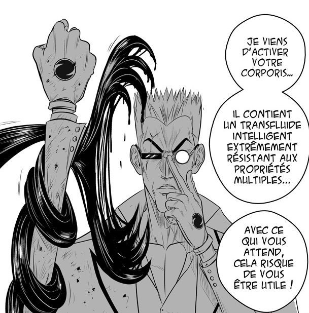 Exemple du pouvoir du stylo de Brian : il attaque Glo'z (Manga head-trick Tome 5)