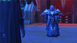 Dark Baras lance un défi à son apprenti devant le conseil noirdans Star Wars : The Old Republic