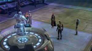 Dark Baras organisant un combat de son apprenti dans Star Wars : The Old Republic avec ses compagnons