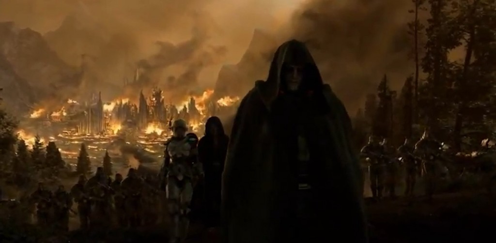 Dark Malgus devant Aldéran en flamme dans Star Wars : The Old Republic dans la vidéo d'introduction