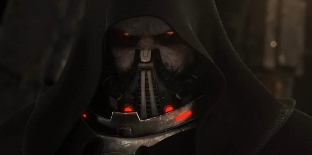 Visage de Dark Malgus pendant le sac du temple Jedi de Coruscant dans Star Wars : The Old Republic