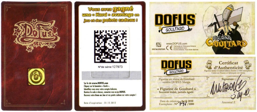 Carte de Loterie Dofus et Certificat d’authenticité de la figurine de Goultard (Dofus)