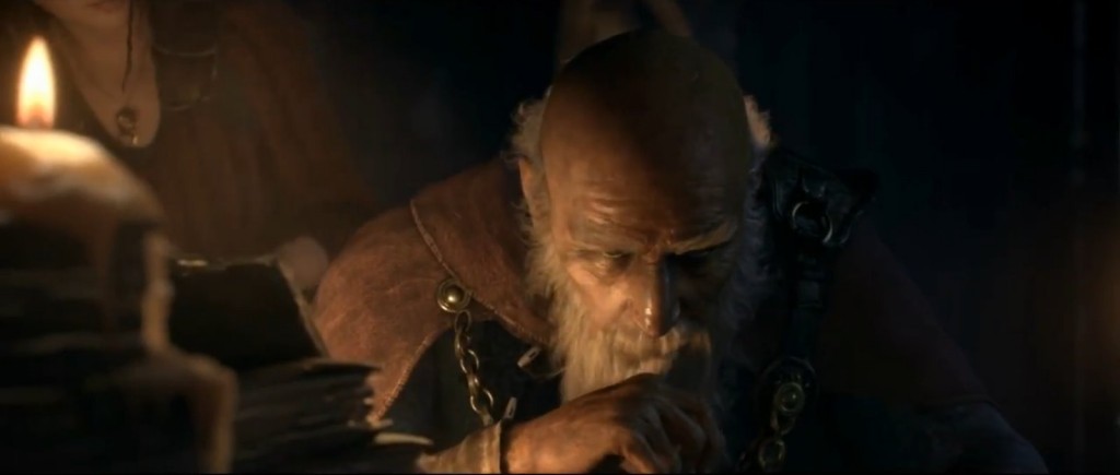 Deckard Cain plongé dans ses recherches à la cathétrale de Tristram