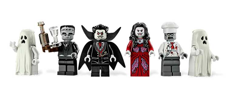 La gamme des 6 minifigures fournies avec le set. C'est la première fois qu'un Frankenstein "gris" sort chez lego. D'habitude, il est vert.