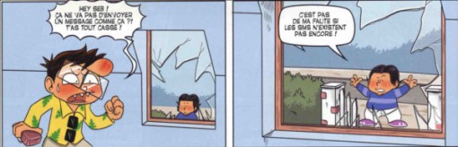 Sébastien envoie une pierre à travers la fenêtre pour contacter le Joueur du Grenier (Joueur du Grenier - BD - Tome 1)