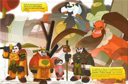 Exemple de croquis de la BD Warcraft : Perle de Pandarie avec Chen, Li Li et des pandarens