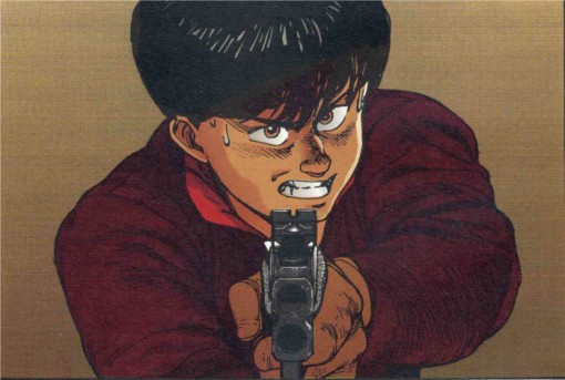 Kaneda tient Tetsuo en joue mais hésite à tirer