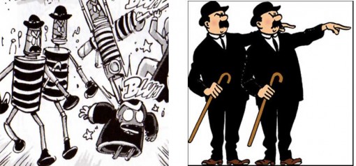 les deux mannequins avec un chapeau melon, une canne et une moustache sont un clin d’œil aux Dupond et Dupont