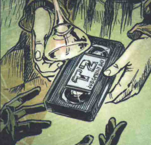 Le Père de Chance donne à Scipio et Pretorius la VHS de terminator 2