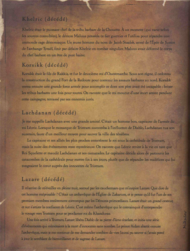 Exemple d'une page de biographie dans le livre de Tyraël (Diablo)