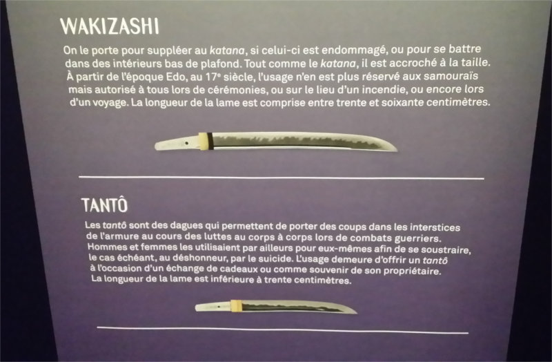 Panneau avec divers types de sabres : différence entre Tanto et Wakizashi