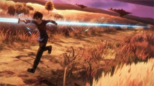 Kirito court pour arriver au premier village en espérant devancer les autres joueurs après l'annonce des nouvelles règles de Sword Art Online