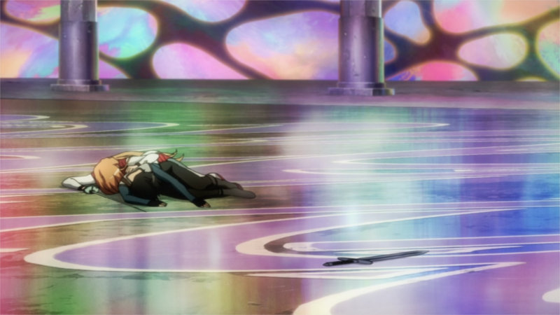 Kirito et Asuna au sol après la première tentative de combat du boss
