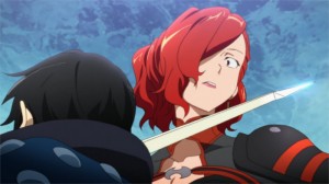 Rosalia menacée par Kirito. Elle préfère se rendre que se faire tuer.