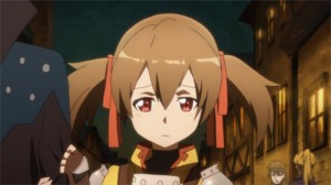 Silica tenant le bras de Kirito pour éviter de se faire inviter par des joueurs qui ne voient en elle qu'une mascotte