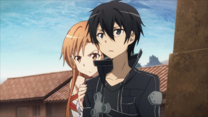 Asuna se cache derrière Kirito car Kuradeel vient la chercher